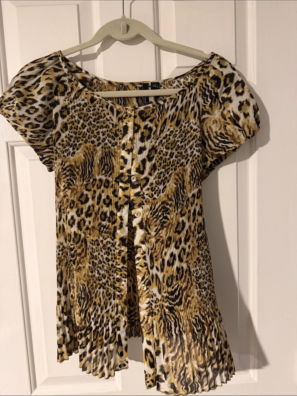 Essentials Leopard-Print Pleated Short Sleeve Blouse - Black/Gold/Cream